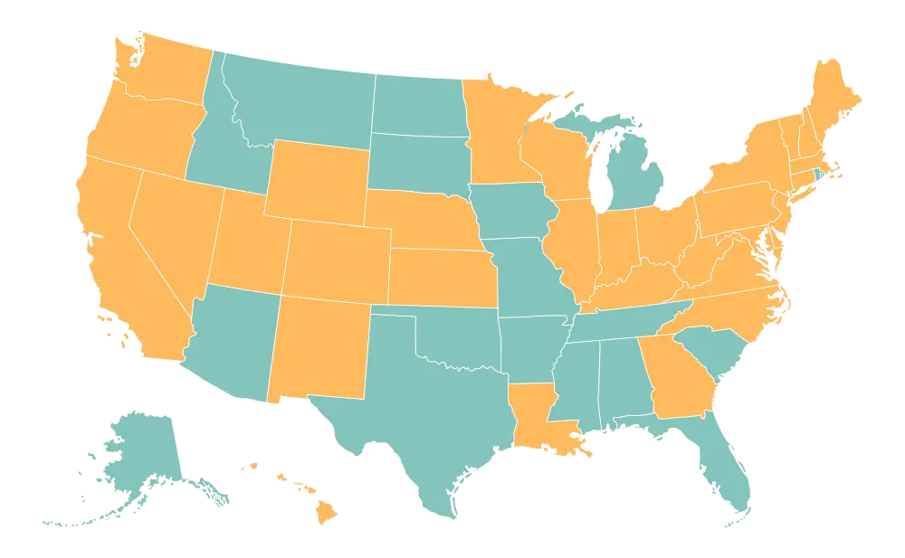 Map of the United States displaying states that require an excise tax on e-cigarette, vape, and ENDs products.